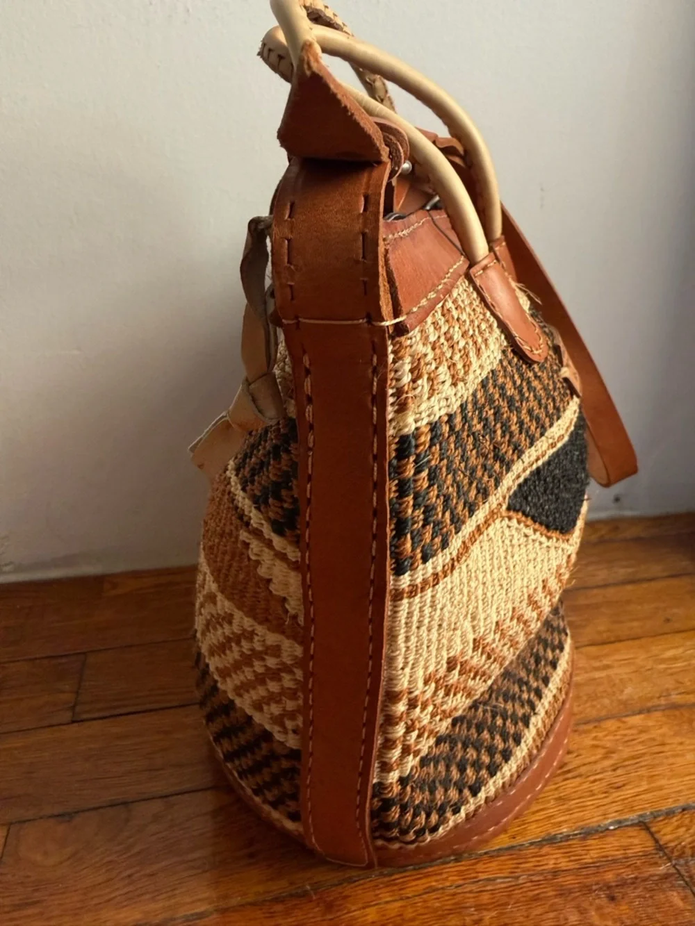 Handwoven Brown African Sisal Tote Bag Kenyan Basket Bag Leather Trim Large - Picture 3 of 11